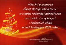 [Życzenia Sp&oacute;łdzielni Mieszkaniowej "Autosan"] : [Incipit:] Miłych i pogodnych Świąt Bożego Narodzenia [...]