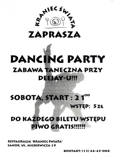 [Plakat promocyjny restauracji "Kraniec Świata" : Dancing party]