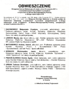 Obwieszczenie Okręgowej Komisji Wyborczej w Krośnie z dnia 23 września 2011 r. o zarejestrowanych kandydatach na senatora w wyborach do Senatu Rzeczypospolitej Polskiej w okręgu wyborczym nr 58