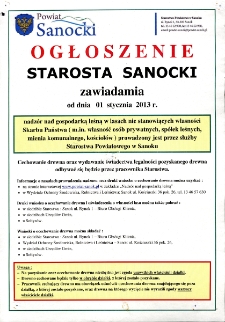 Ogłoszenie : [Incipit:] Starosta Sanocki zawiadamia od dnia 01 stycznia 2013 r. [...]