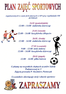 Plan zajęć sportowych organizowanych w czasie ferii zimowych w SP3 przy wsp&oacute;łudziale SM Autosan
