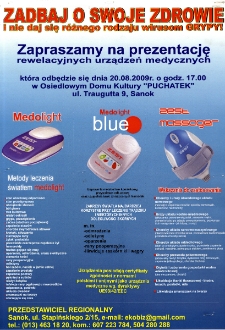 [Zadbaj o swoje zdrowie i nie daj się r&oacute;żnego rodzaju wirusom grypy! : prezentacja urządzeń medycznych]