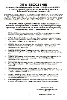 Obwieszczenie Okręgowej Komisji Wyborczej w Krośnie z dnia 28 września 2007 r. o zarejestrowanych kandydatach na senator&oacute;w w wyborach do Senatu Rzeczypospolitej Polskiej w okręgu wyborczym nr 21