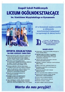 Liceum Og&oacute;lnokształcące im. Stanisława Wyspiańskiego w Rymanowie : oferta edukacyjna na rok szkolny 2008/2009