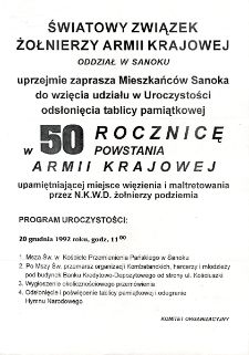 Uroczystość odsłonięcia tablicy pamiątkowej w 50 rocznicę powstania Armii Krajowej upamiętniającej miejsce więzienia i maltretowania przez N.K.W.D. żołnierzy podziemia