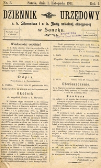 Dziennik Urzędowy c.k. Starostwa i c.k. Rady szkolnej okręgowej w Sanoku, 1911, nr 3