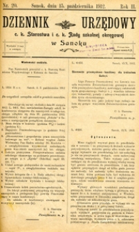 Dziennik Urzędowy c.k. Starostwa i c.k. Rady szkolnej okręgowej w Sanoku, 1912, nr 20