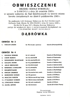 Obwieszczenie Miejskiej Komisji Wyborczej w Sanoku z dnia 26 września 2005 r. w sprawie wybor&oacute;w do Rad Dzielnicowych na terenie miasta Sanoka zarządzonych na dzień 9 października 2005 r. : Dąbr&oacute;wka