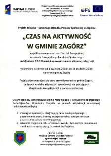 "Czas na aktywność w Gminie Zag&oacute;rz" : projekt Miejsko-Gminnego Ośrodka Pomocy Społecznej w Zag&oacute;rzu