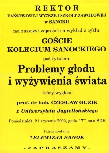 Goście Kolegium Sanockiego : Problemy głodu i wyżywienia świata