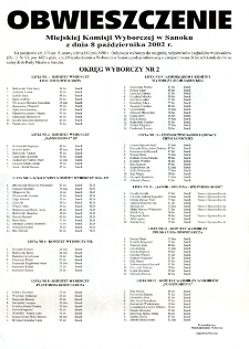 Obwieszczenie Miejskiej Komisji Wyborczej w Sanoku z dnia 8 października 2002 r. : okręg wyborczy nr 2