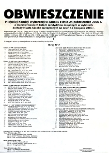 Obwieszczenie Miejskiej Komisji Wyborczej w Sanoku z dnia 24 października 2006 r. o zarejestrowanych listach kandydat&oacute;w na radnych w wyborach do Rady Miasta Sanoka zarządzonych na dzień 12 listopada 2006 r. : okręg nr 2