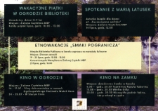[Plakat promujący imprezy organizowane przez Miejską Bibliotekę Publiczną w lecie 2021 roku]