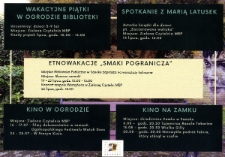 [Ulotka promująca imprezy organizowane przez Miejską Bibliotekę Publiczną w lecie 2021 roku]